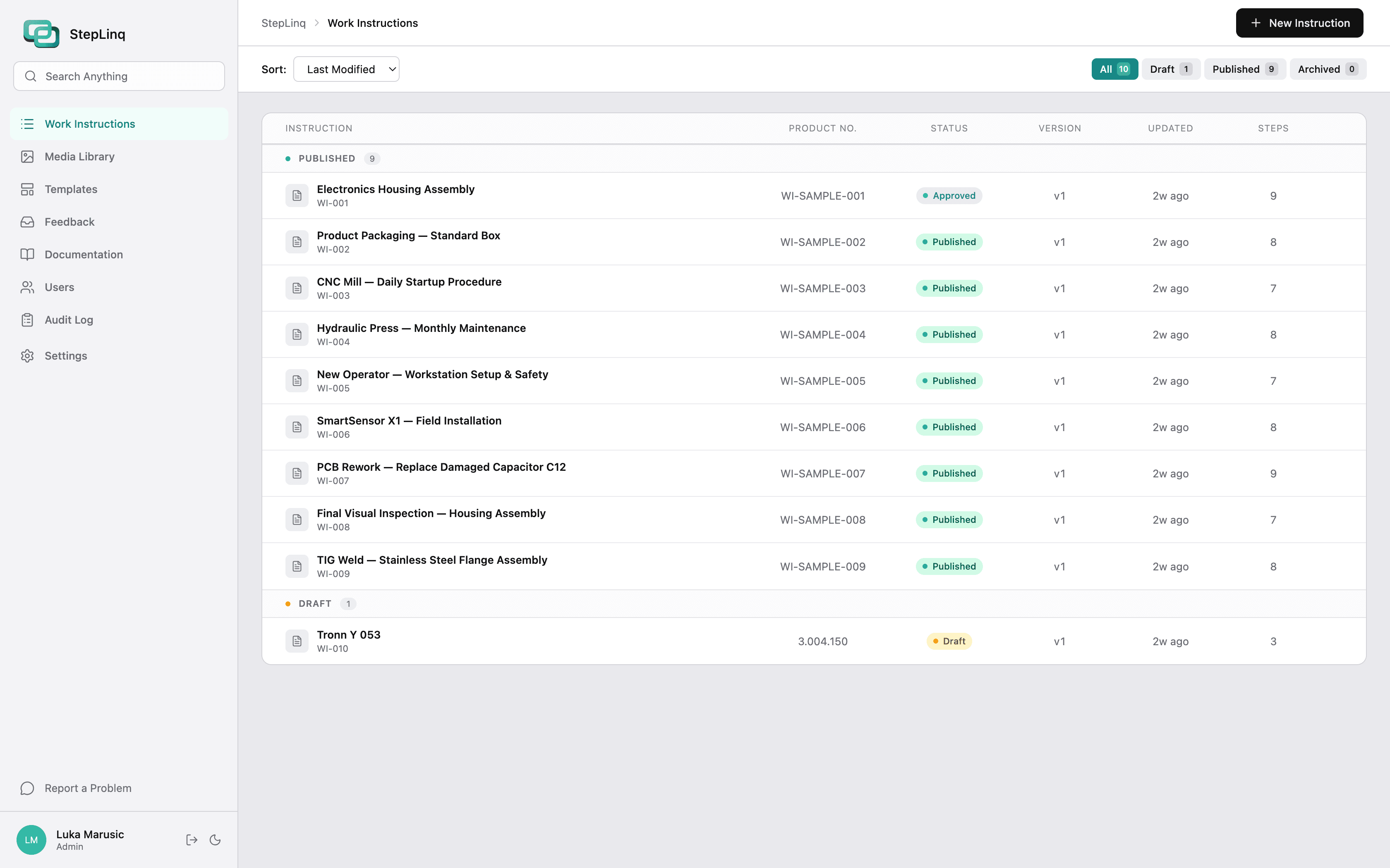 StepLinq — Work instructions list with status, versions, and step counts